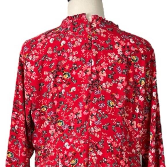 LOFT Plus Dress A-line Long Sleeve Ruffle Button Neck Red Floral Women’s Size 18 - Picture 10 of 13
